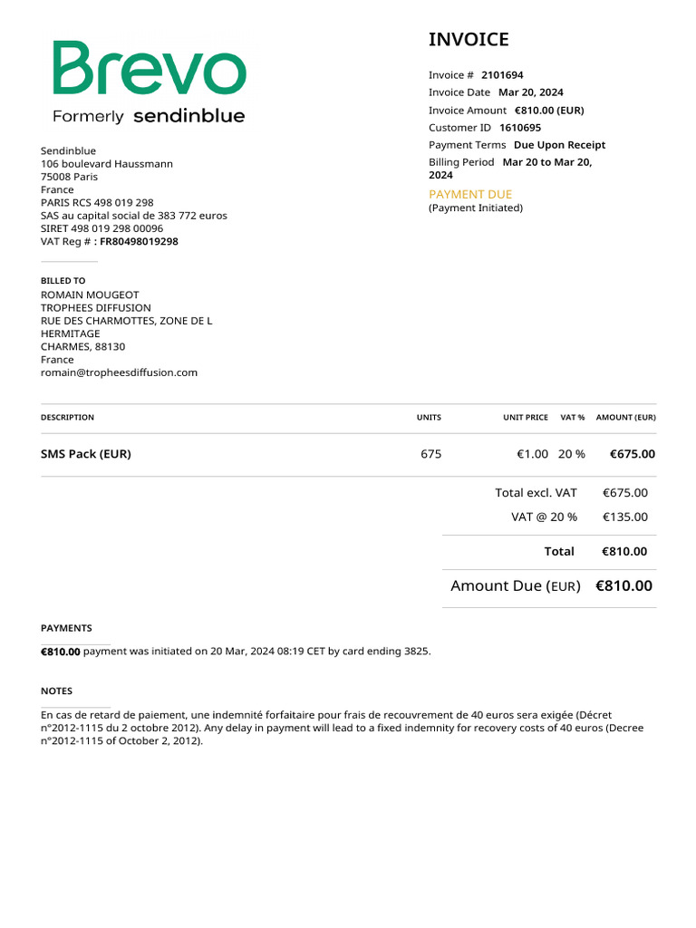 Invoice for SMS Pack Purchase | PDF | Payments