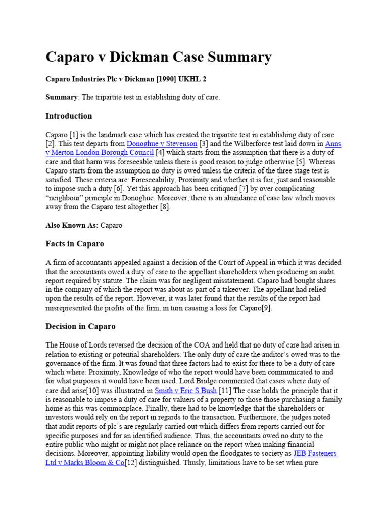 Caparo v Dickman Duty of Care Summary | PDF | Negligence | Duty Of Care