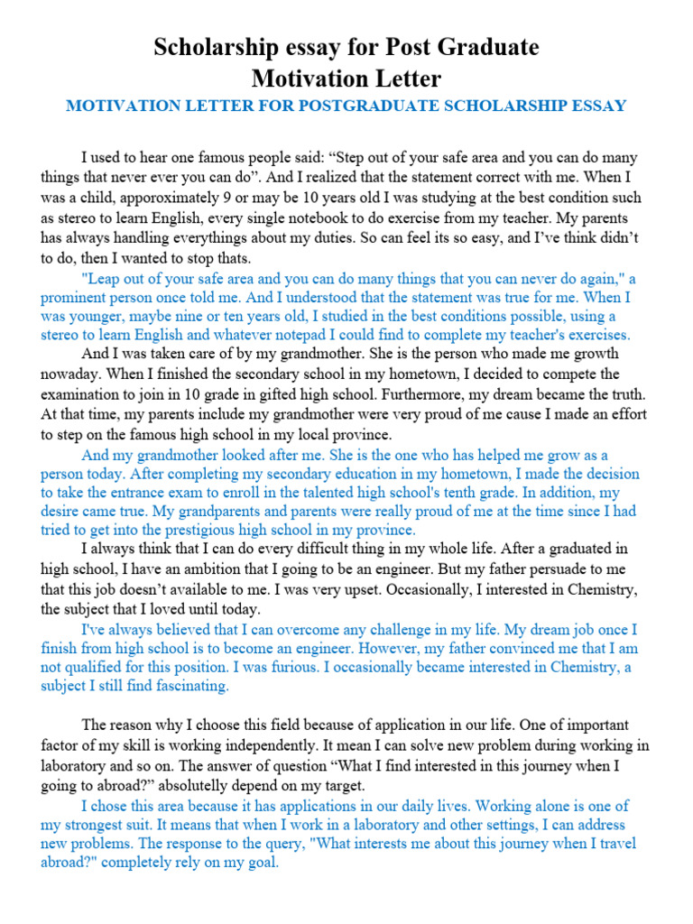 Postgraduate Scholarship Motivation Essay | PDF