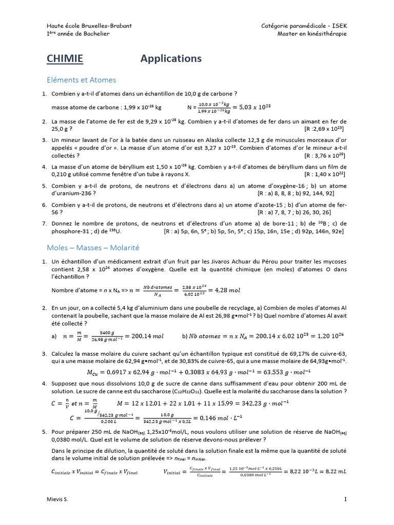 Masse molaire et atomes en chimie | PDF | Acide acétique | Atomes