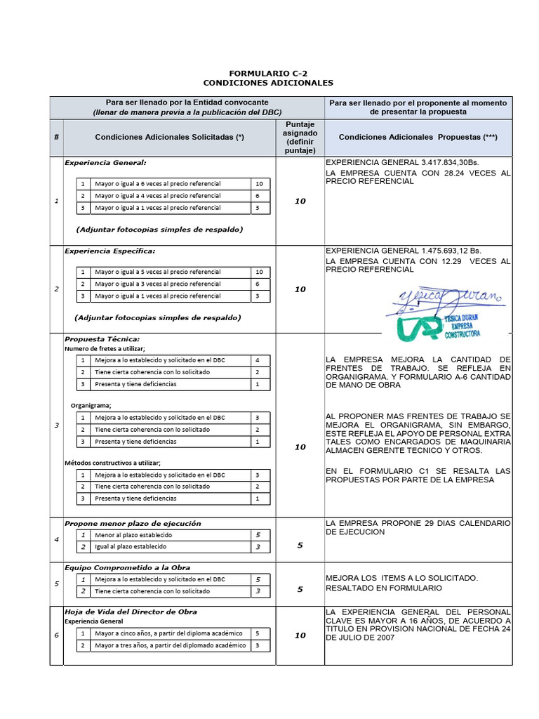 Formulario C-2: Condiciones Adicionales | PDF