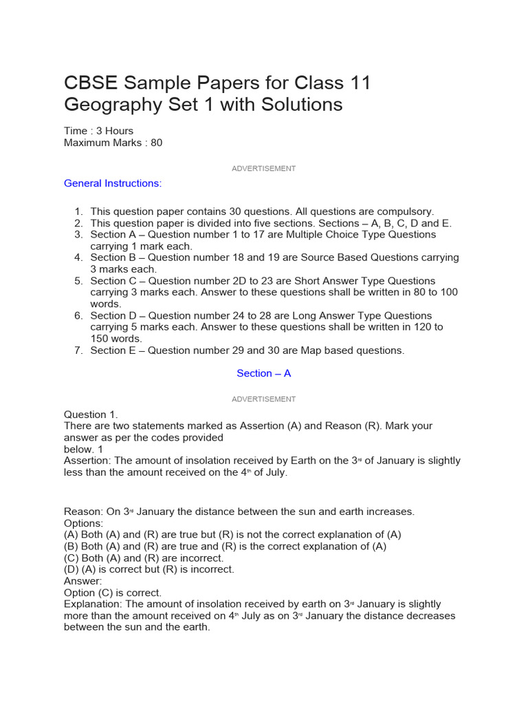 Class 11 Geography Sample Paper Set 1 | PDF | Weathering | Atmosphere ...