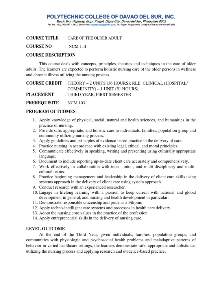 NCM 114: Care of Older Adults Syllabus | PDF | Nursing | Ageing