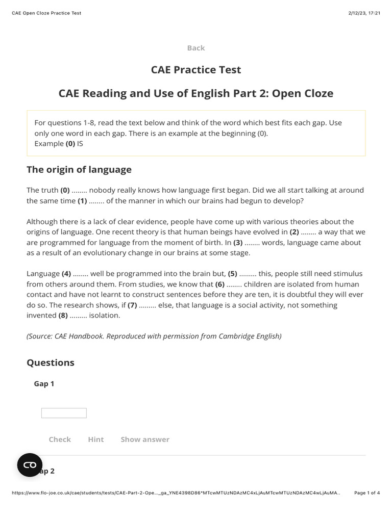 CAE Open Cloze Language Origins Test | PDF | Language Arts & Discipline