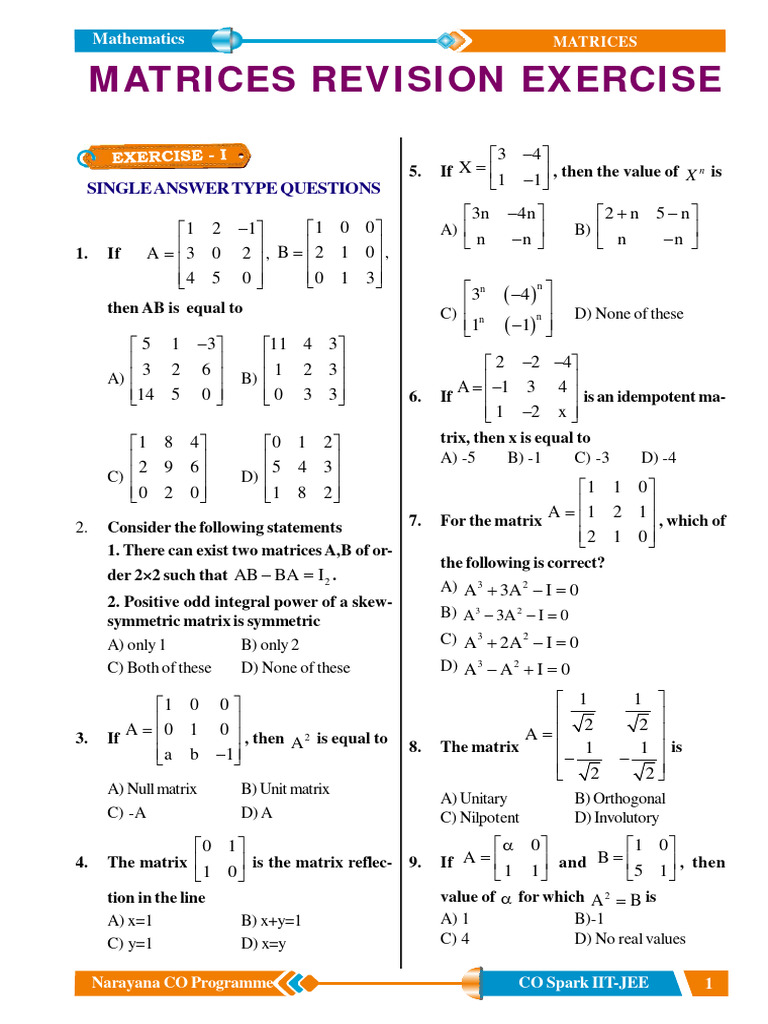 Matrices Revision Exercise for IIT-JEE | PDF | Matrix (Mathematics ...