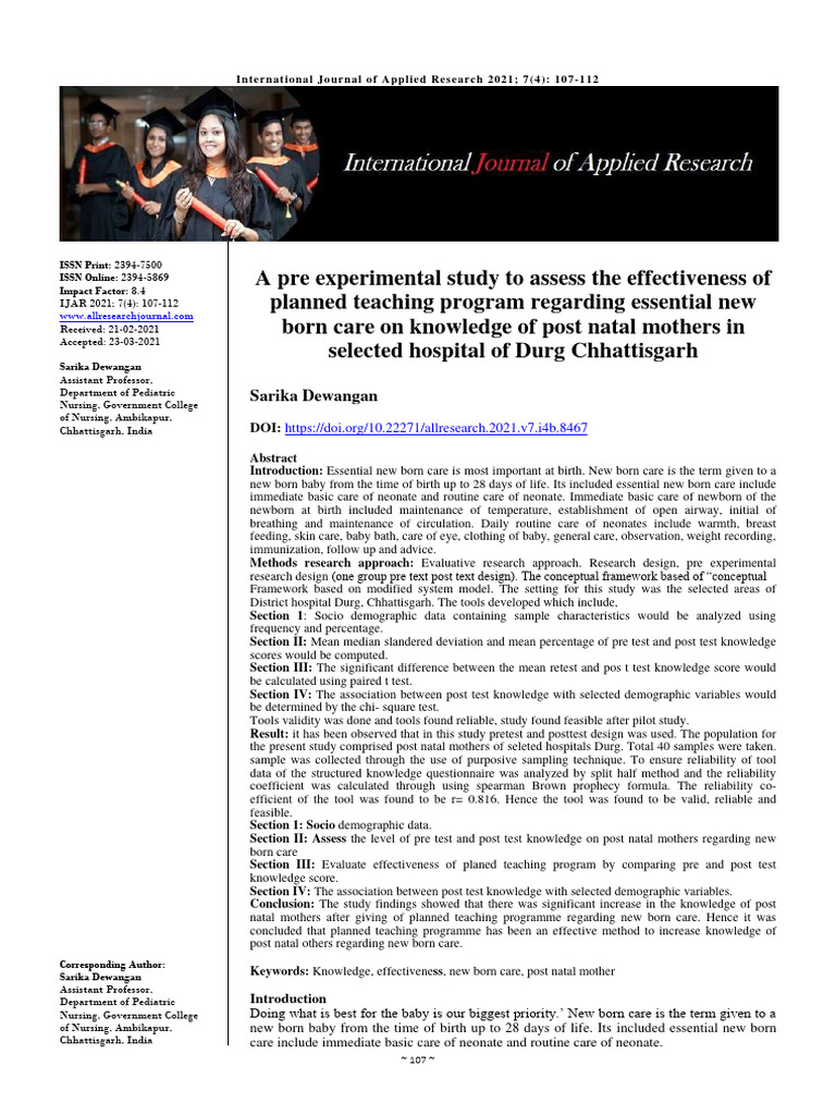 A Pre Experimental Study To Assess The Effectiveness | PDF | Infants