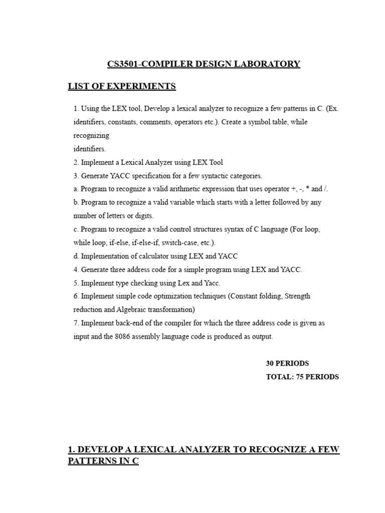 Compiler Design Lab: Lex & YACC Experiments | PDF | Computer Program ...