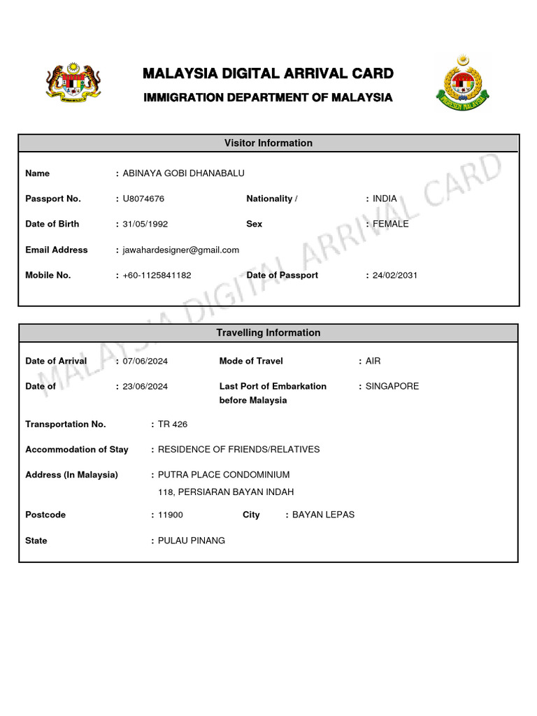 Malaysia Digital Arrival Card Details | PDF