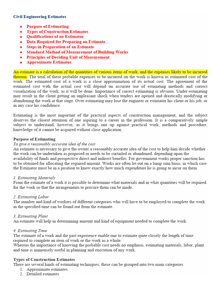 Civil Engineering Estimating Guide | PDF | Measurement | Cost