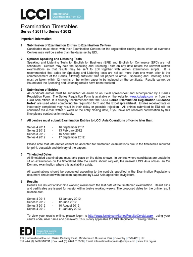 LCCI Examination Timetable 2011-2012 | PDF | Test (Assessment) | Computing