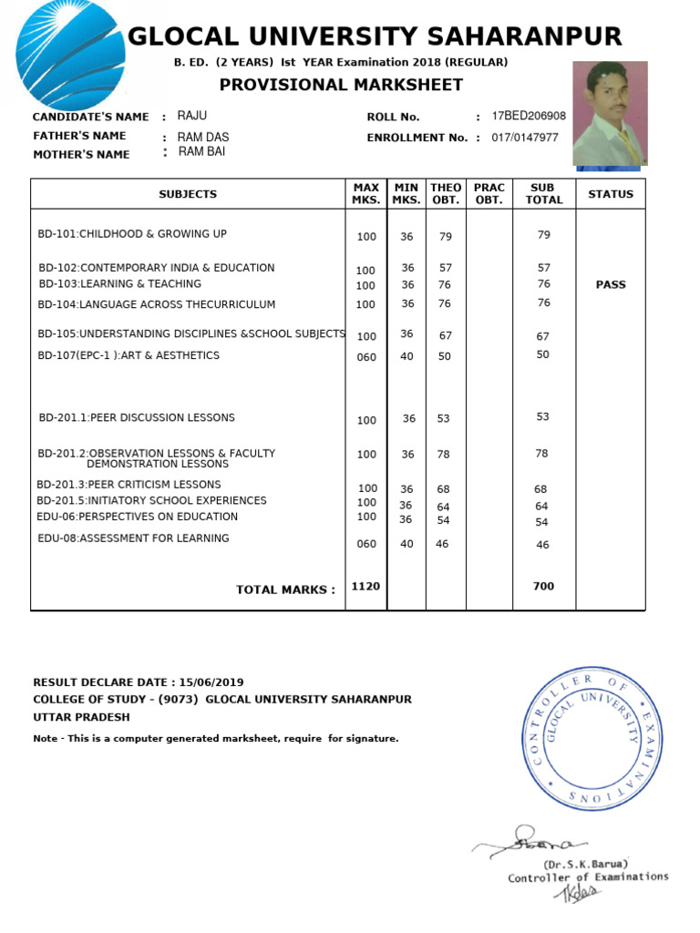 B.Ed. 1st Year Provisional Marksheet | PDF
