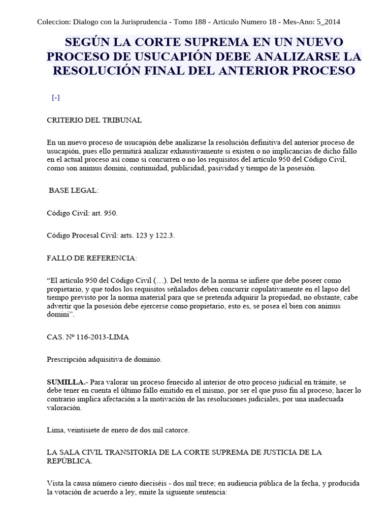 DJ 2014 188 Según La Corte Suprema en Un Nuevo Proceso de Usucapión ...