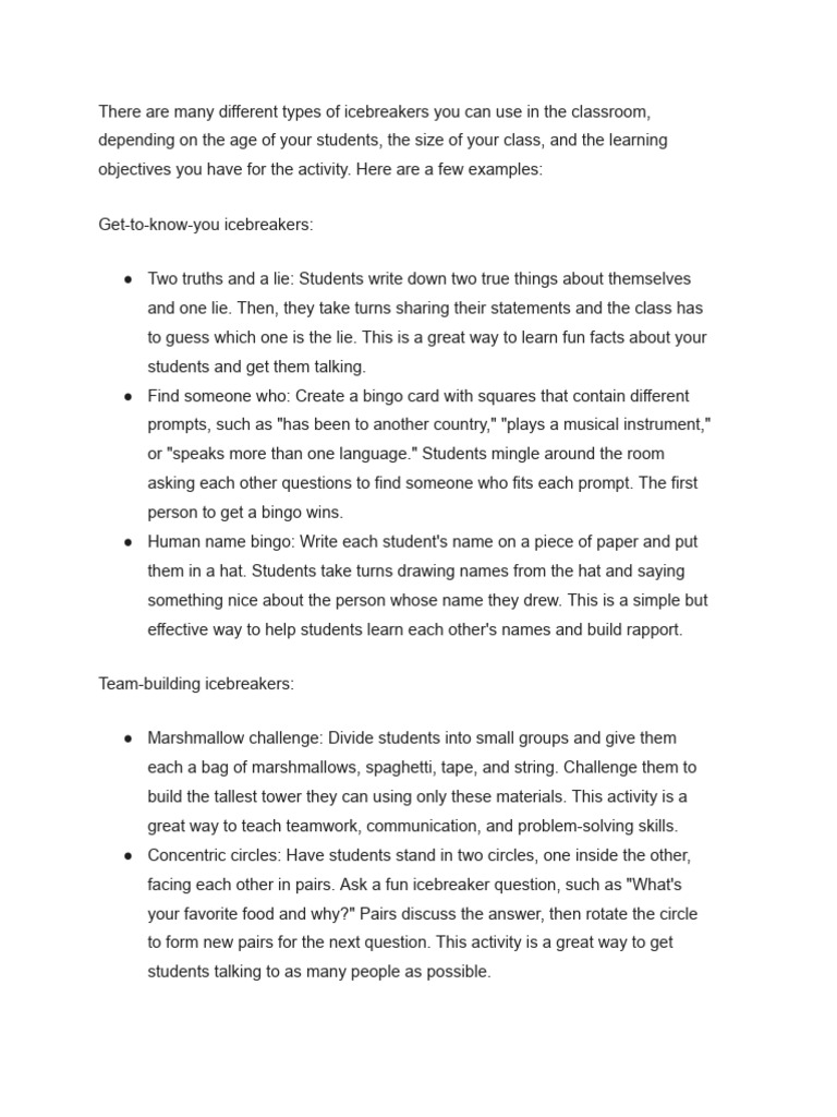 Types Of Ice Breakers Pdf Human Communication Cognition