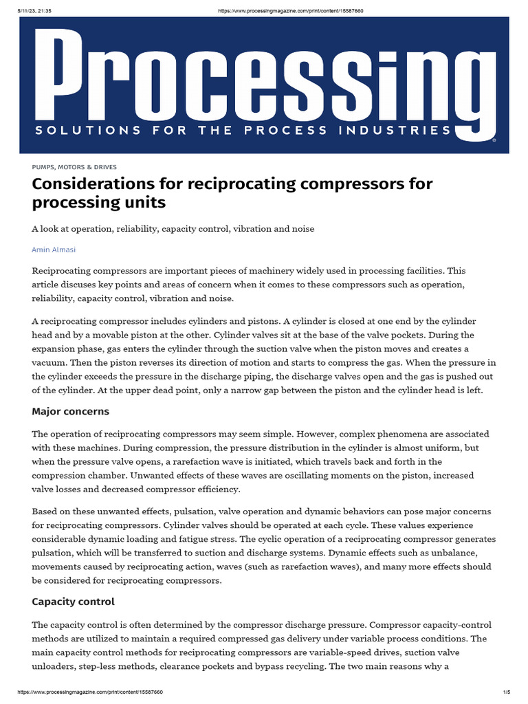 Considerations For Reciprocating Compressors For Processing Units | PDF ...