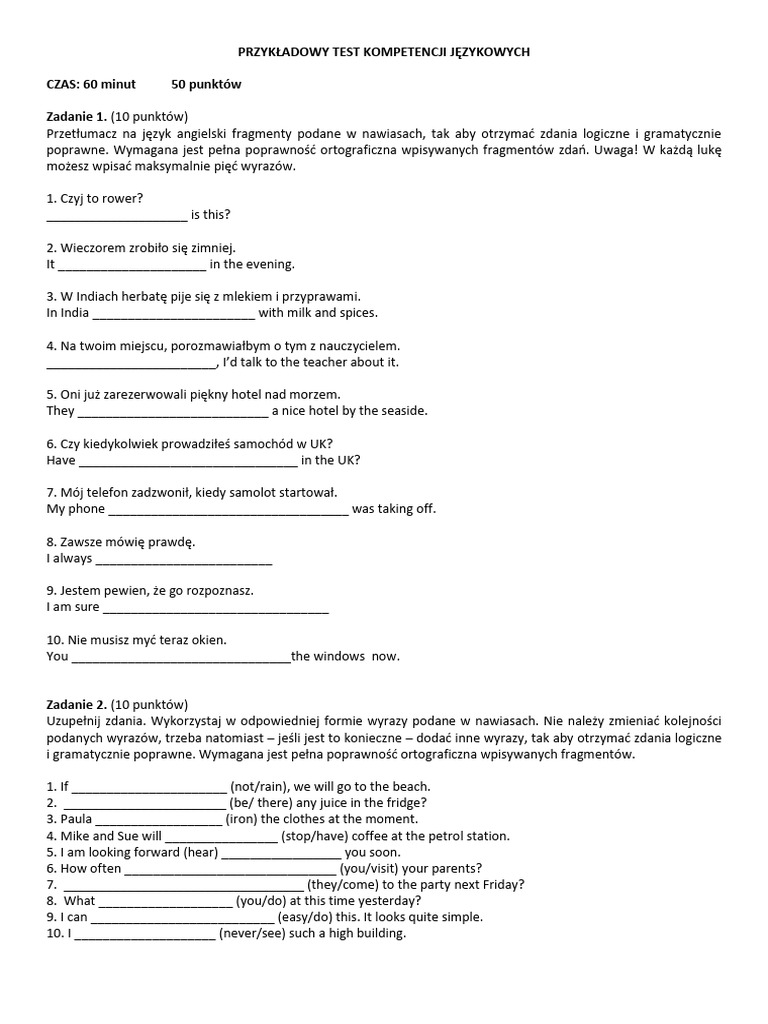 Przykładowy Sprawdzian Umiejętności Językowych | PDF | Language Arts ...