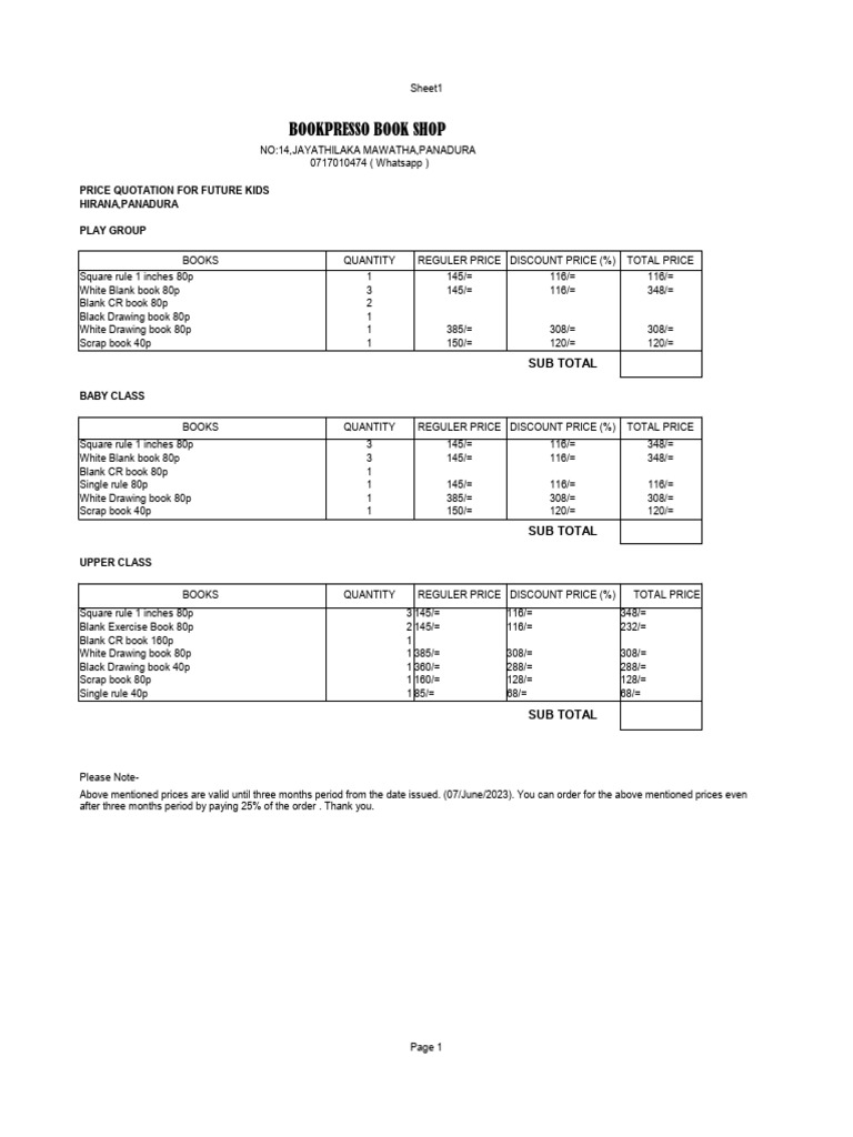 Future Kids Book & Stationery Prices | PDF