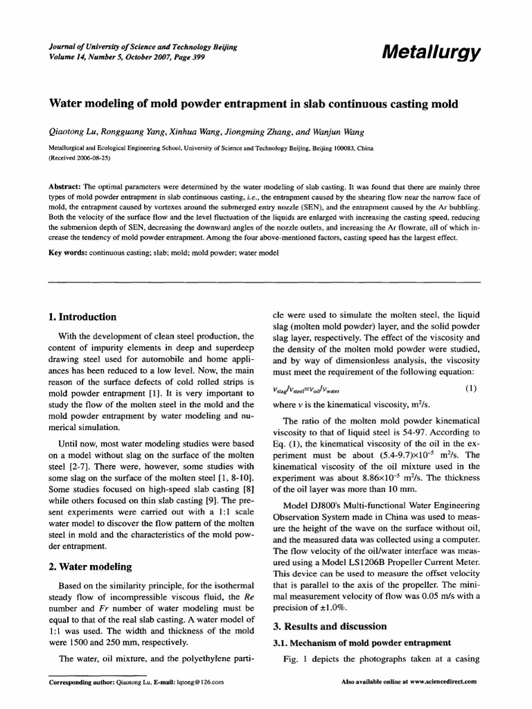 Mold Powder Entrapment in Casting | PDF | Viscosity | Vortices