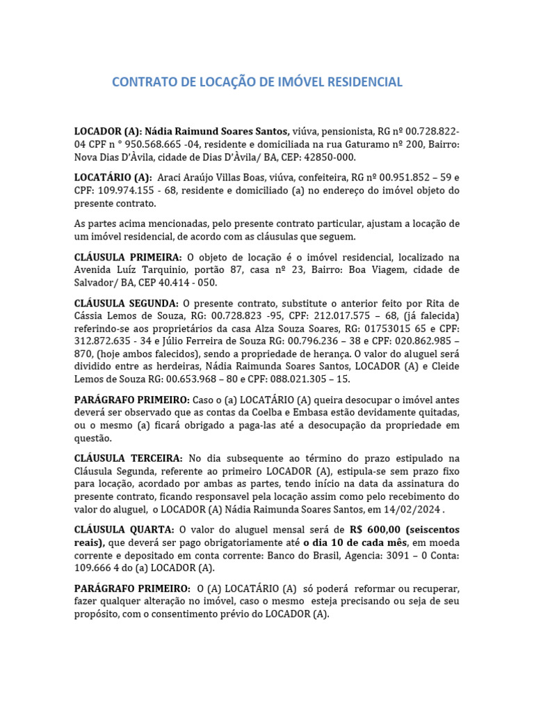 Modelo de Contrato de Aluguel Simples Word Para Preencher Atualizado (1 ...