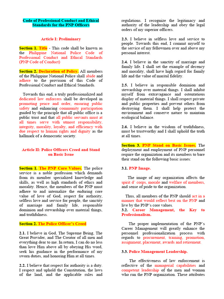 PNP Code of Conduct and Ethics Standards | PDF | Dignity | Love