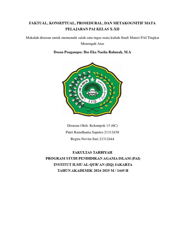 Analisis Pengetahuan Prosedural PAI Kelas X-XII | PDF