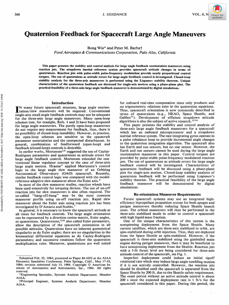 Quaternion Feedback for Spacecraft Maneuvers | PDF | Inertial ...