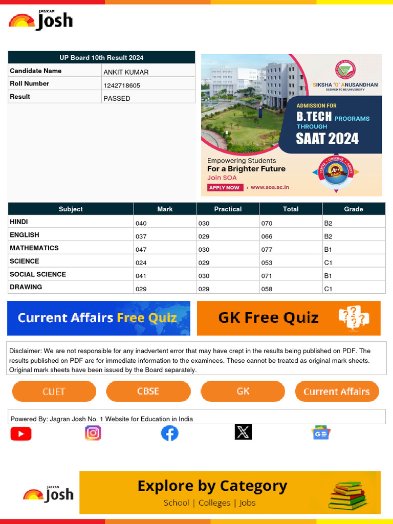 UP Board 10th Result 2024: Ankit Kumar | PDF