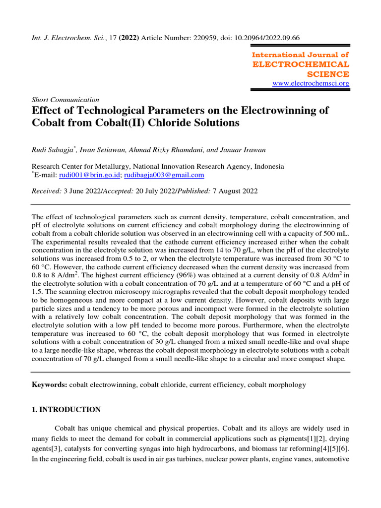 Effect of Technological Parameters On The Electrowinning of Cobalt From ...