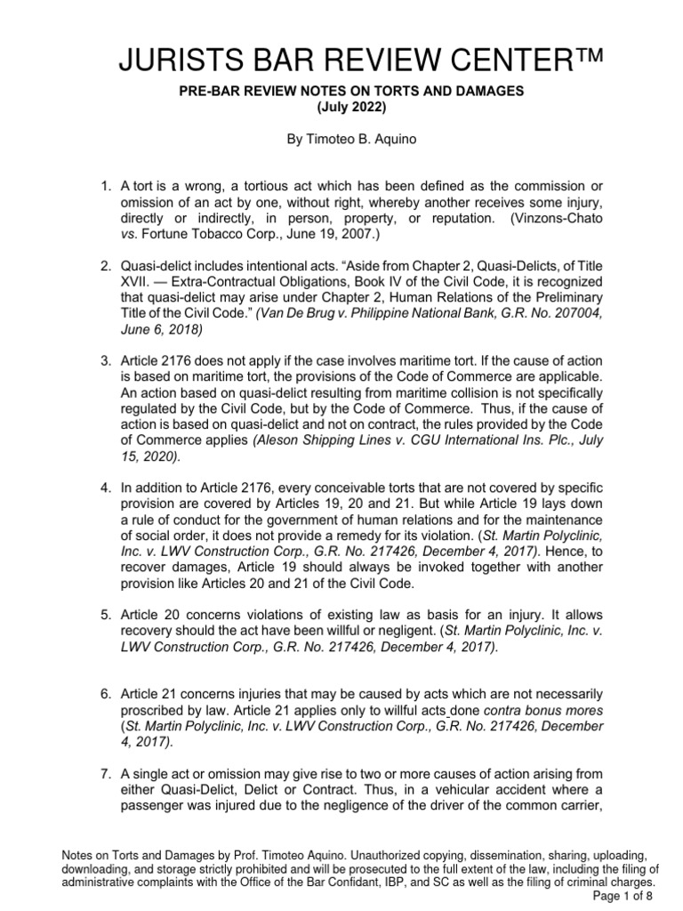 Torts and Damages Review by Aquino | PDF | Legal Liability | Negligence