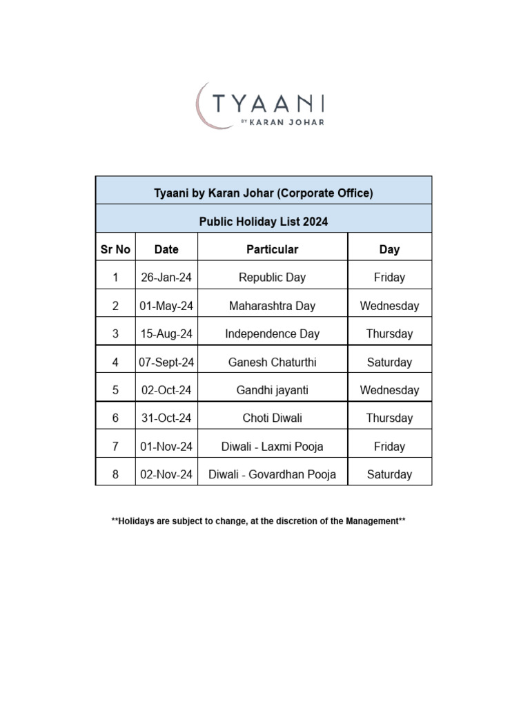 Public Holiday List - 2024 (2) | PDF