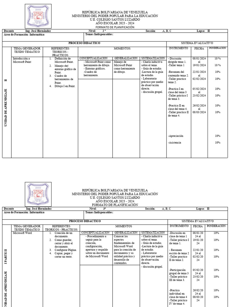 Formato de Planificacion Lapso Ii 2023-2024 | PDF | Aprendizaje ...