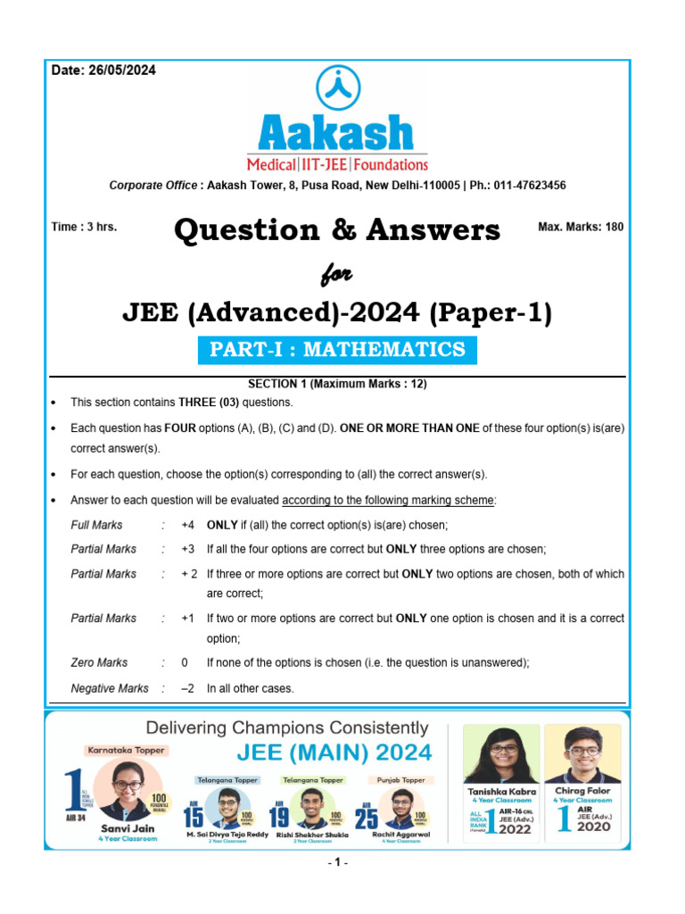 JEE Advanced 2024 Paper-1 Questions | PDF | Force | Temperature