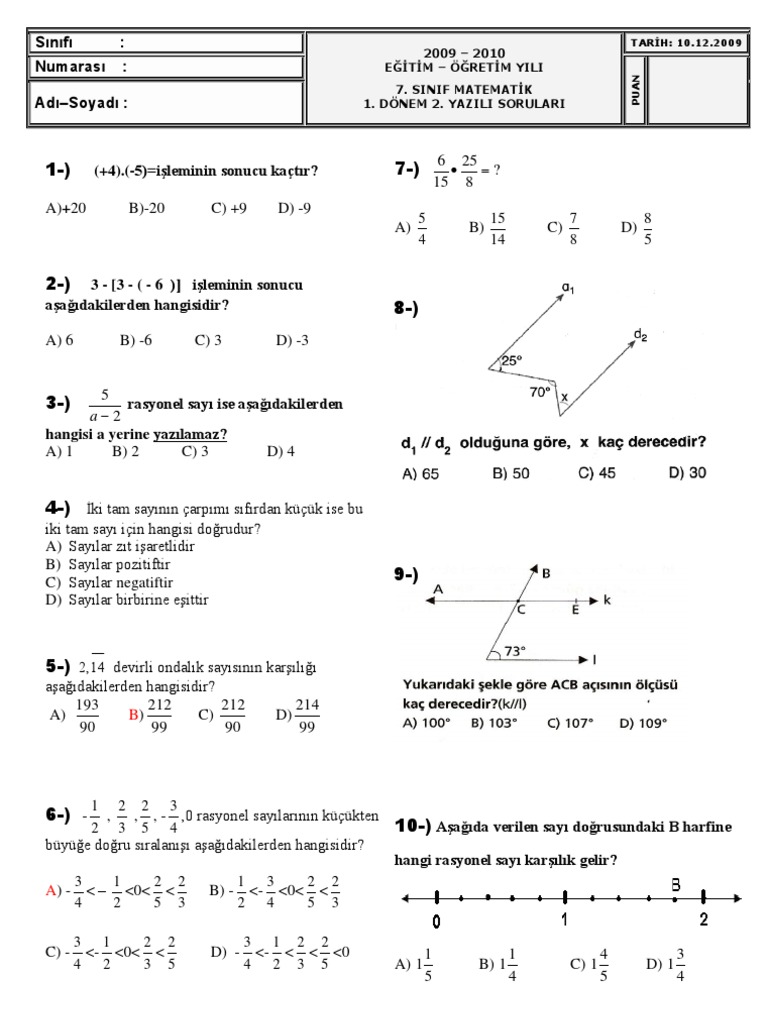 Sinif Matematik 1 Donem 2 Yazili Sorulari 2 Pdf