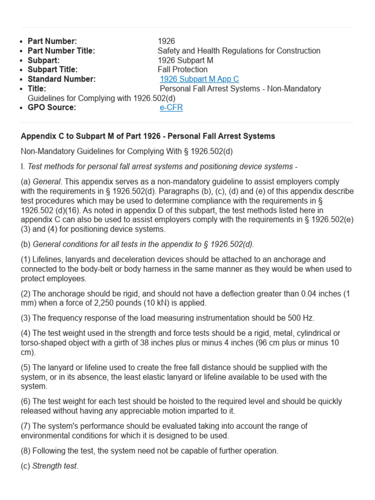 OSHA 1926 Subpart M App C - Personal Fall Arrest Systems - Non-Mandatory Guidelines For ...