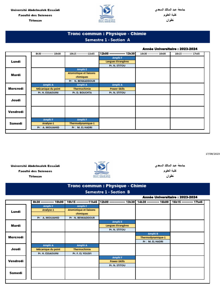 Emploi du temps Physique-Chimie 2023-2024 | PDF | Sciences physiques ...