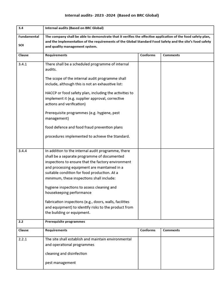 BRC Global Internal Audit Guidelines 2023-2024 | PDF | Hand Washing ...