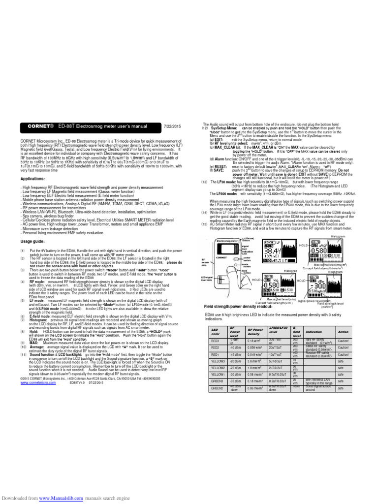 ED88T Electrosmog Meter User's Manual Applications PDF