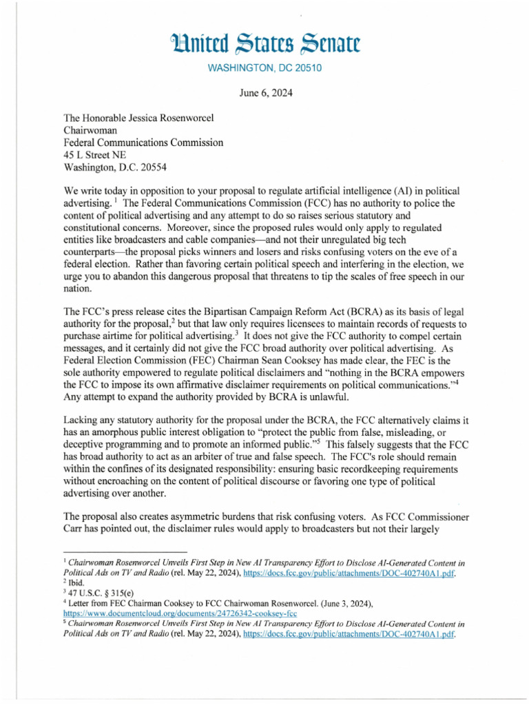 06.06.24 Letter To Chairwoman Rosenworcel Re. AI and Political Ads | PDF