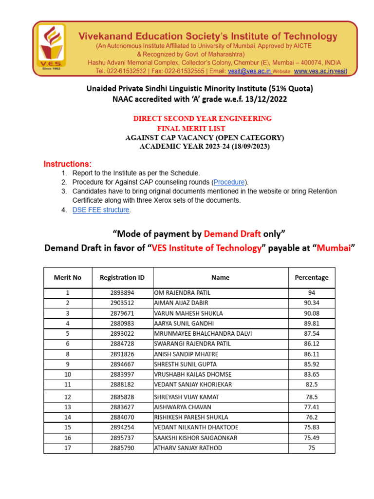 DSE Engineering Final Merit List 2023-24 | PDF