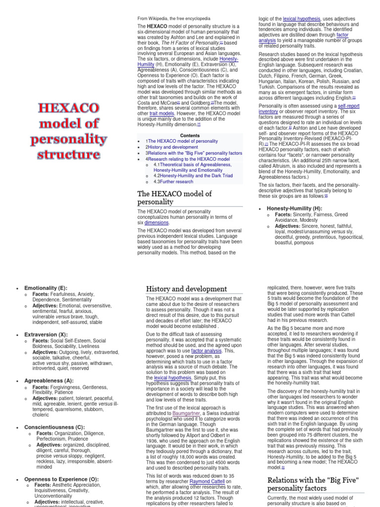 HEXACO model of personality structure PDF Psychology