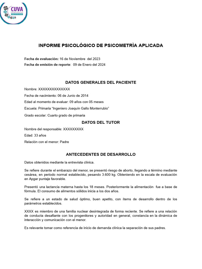Informe Psicométrico Infantil 2023 | PDF | Ansiedad | Las emociones