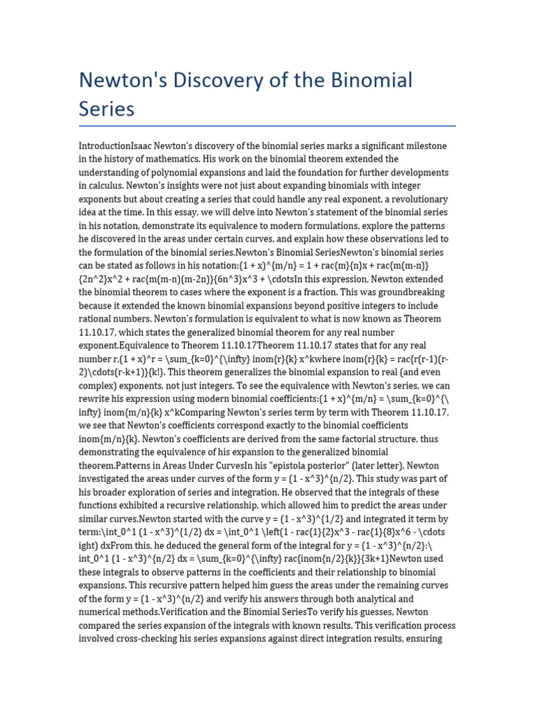 Newtons Binomial Series Essay | PDF | Mathematics | Integral