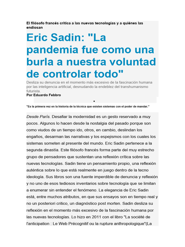 Eric Sadin y la crítica a la IA | PDF | Inteligencia artificial ...