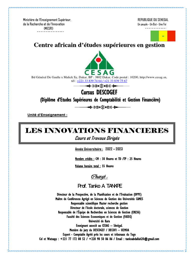 Sénégal-Cesag Descogef Les Innovations Financieres Juin 2023 | PDF |  Innovation | Économie