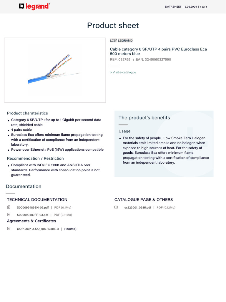 Legrand Category 6 SF/UTP Cable 500m | PDF