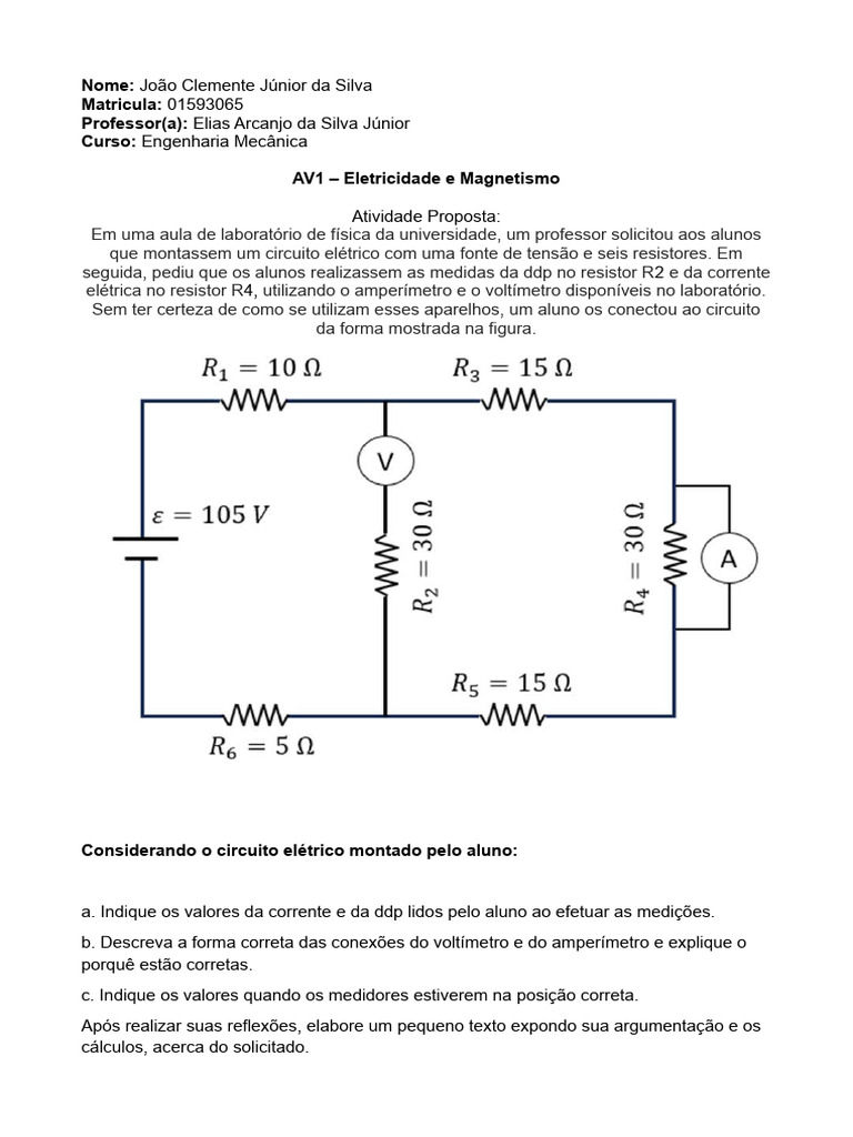 Av1 Eletricidade e Magnestismo | PDF | Rede elétrica | Circuitos em ...