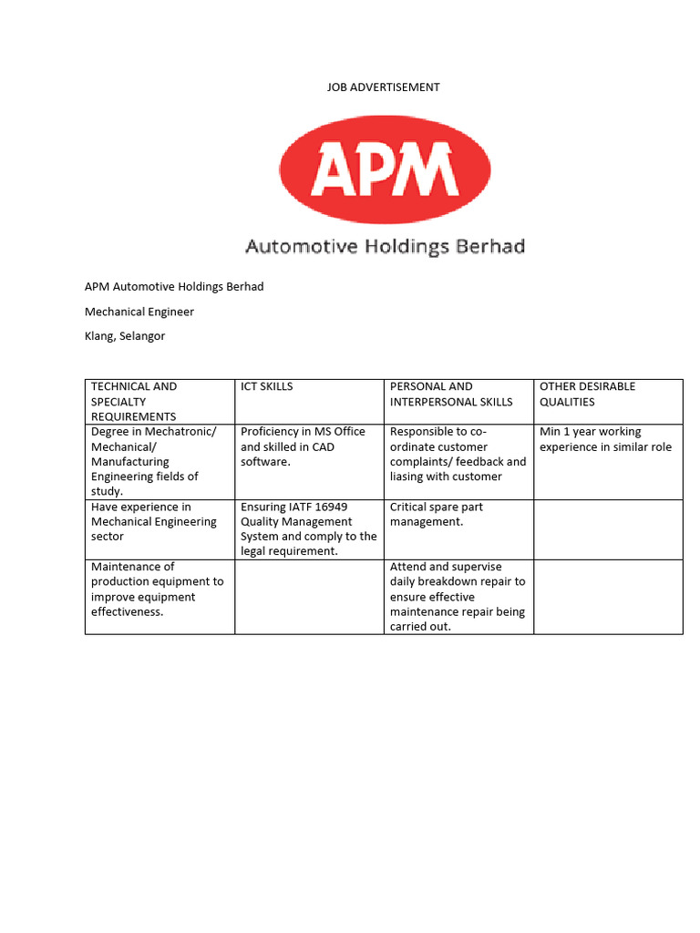 Mechanical Engineer Job Openings in Selangor | PDF | Engineering ...