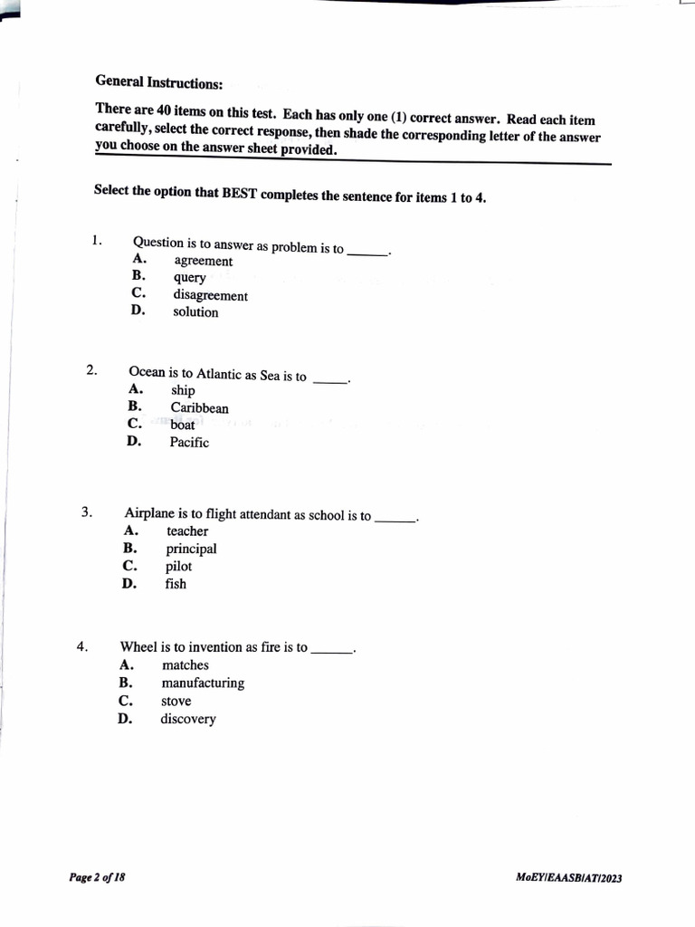 Test Instructions and Sample Questions | PDF | Vehicles