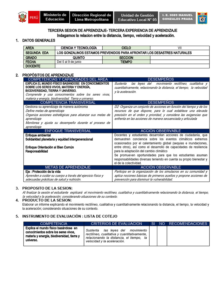 3 - SESION DE APRENDIZAJE - Tercera Experiencia - QUINTO - 2023 | PDF ...
