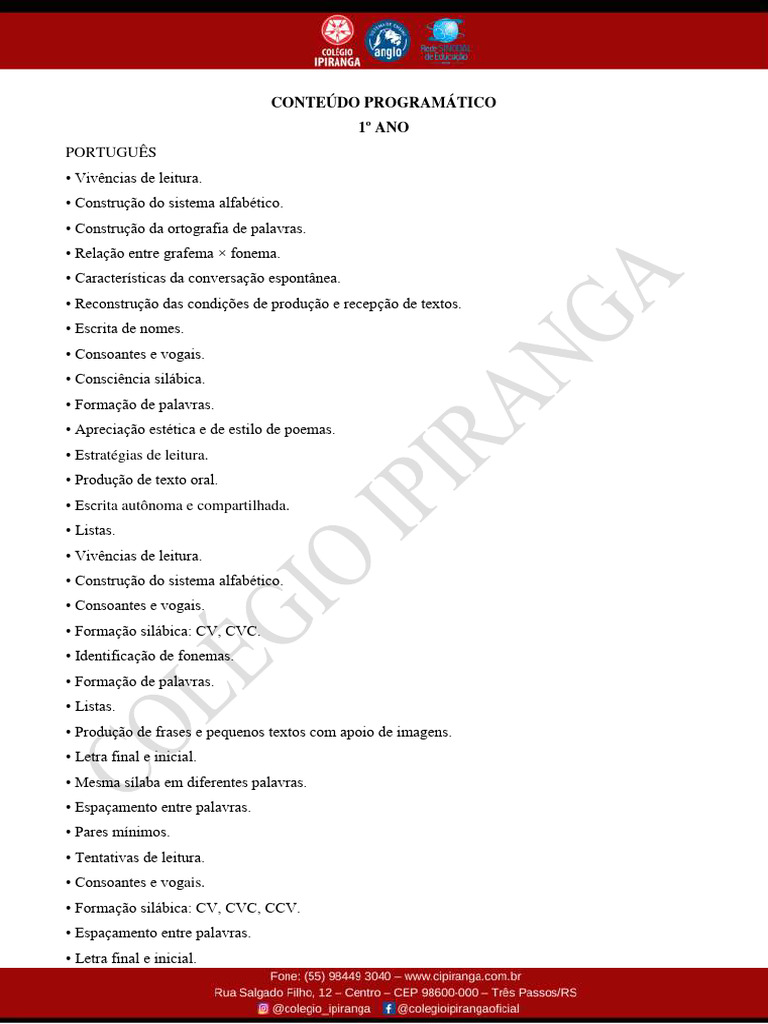 Conteudo Programatico 1o Ano | Download grátis PDF | Sílaba | Tempo
