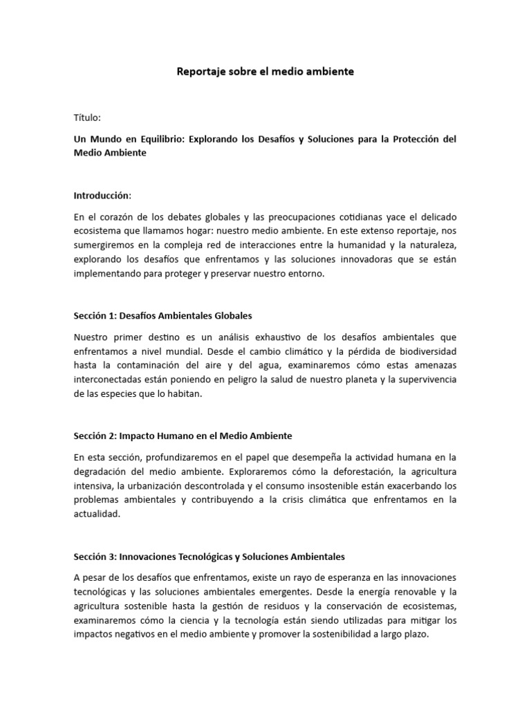 Reportaje Sobre El Medio Ambiente | Descargar gratis PDF | Entorno ...